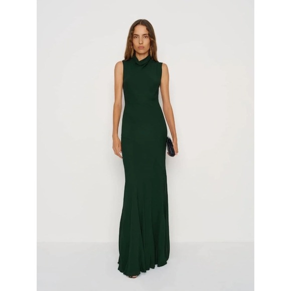 Reformation Dresses & Skirts - NWT Reformation Alizee Dress Forest Green Mock Neck Chiffon Maxi Gown Slvless 4